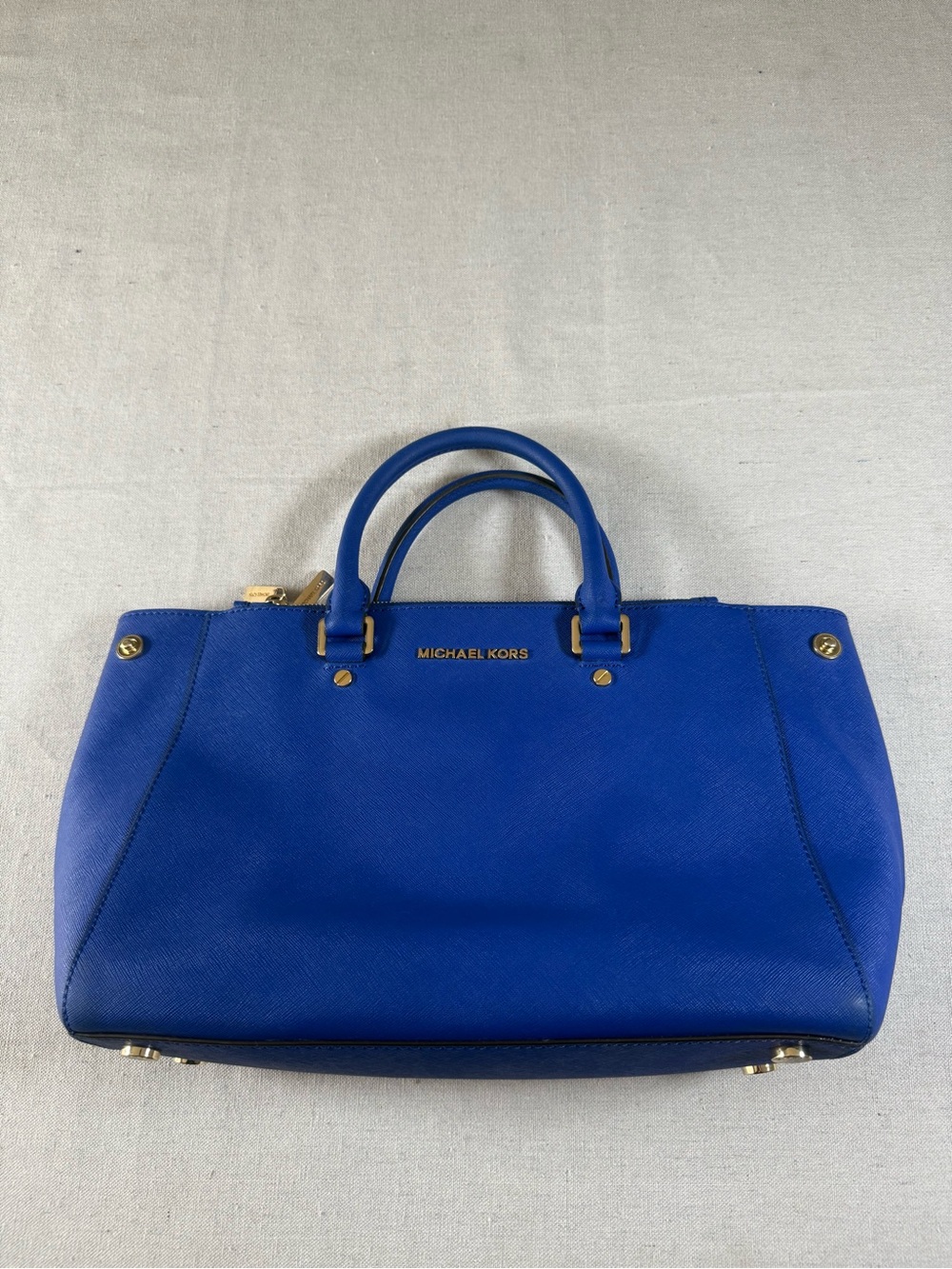 Michael Kors Blue Leather Handbag With Gold Hardware Accents